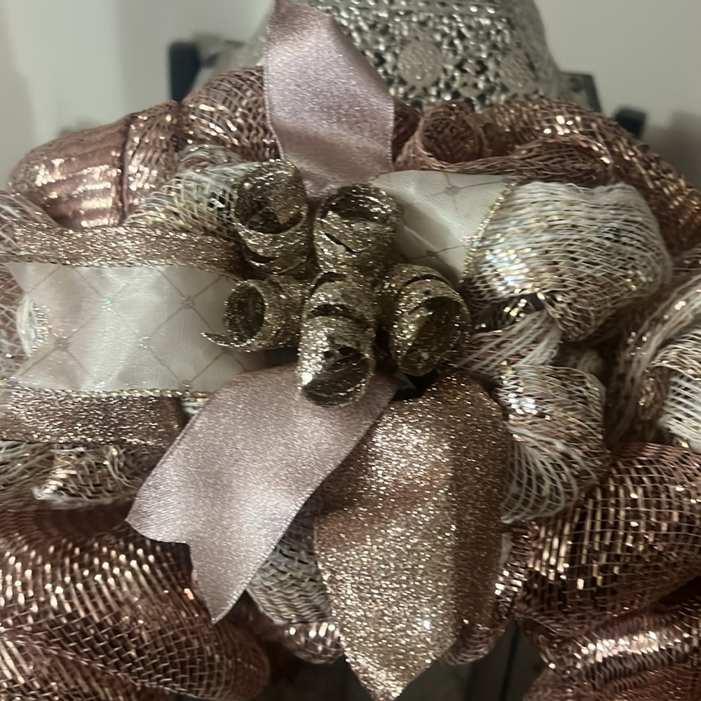Winter Rose Gold and Champagne Deco Mesh Wreath - Picture 3 of 6